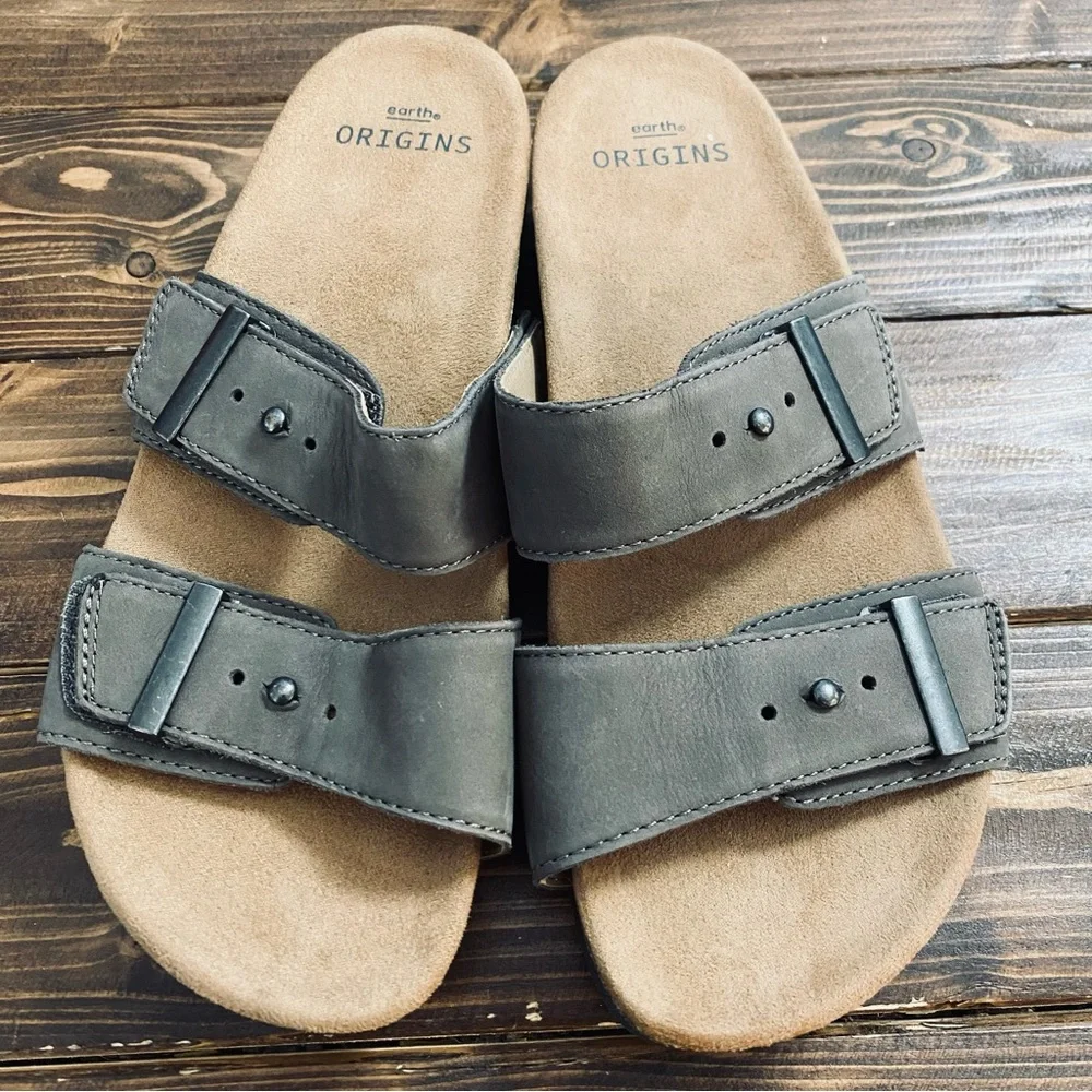 Earth‎ Origins Orra Genuine Leather Velcro Double Band Slide Sandals Color Morel